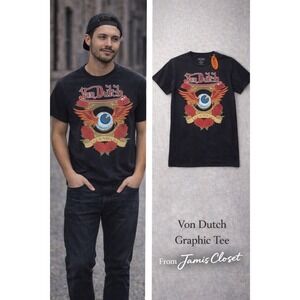 Men's Von Dutch Black Graphic T-Shirt Winged Eyeball Roses Legendary NWT L
